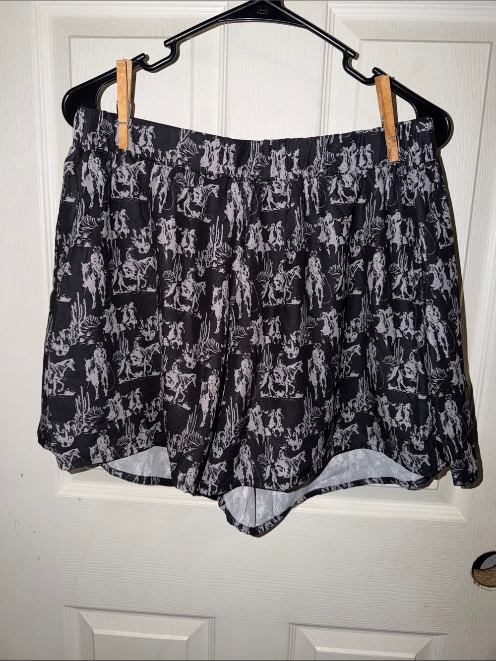 Black Printed Athletic Shorts with Western Motif - Unbranded
